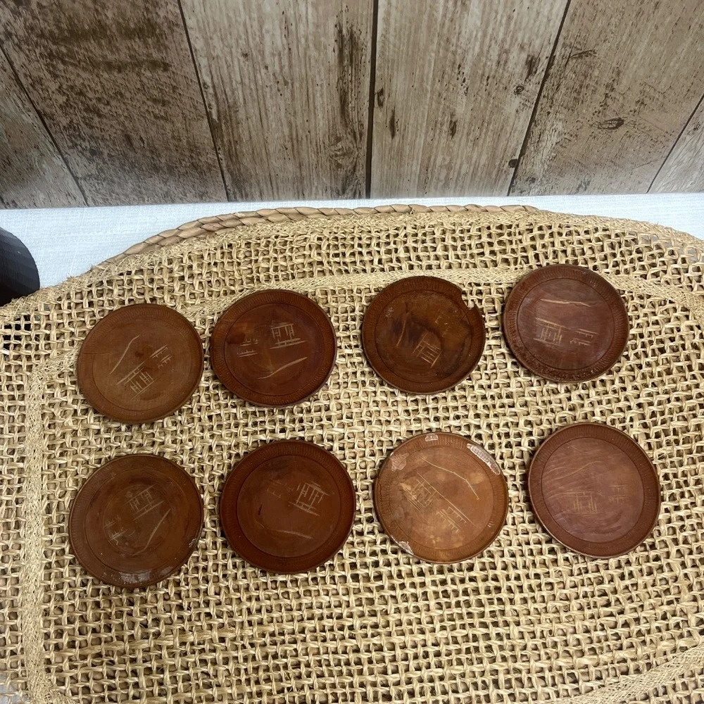 Vintage Coaster Set Asian Landscape Carved Wood Coasters w/ Holder Set of 8